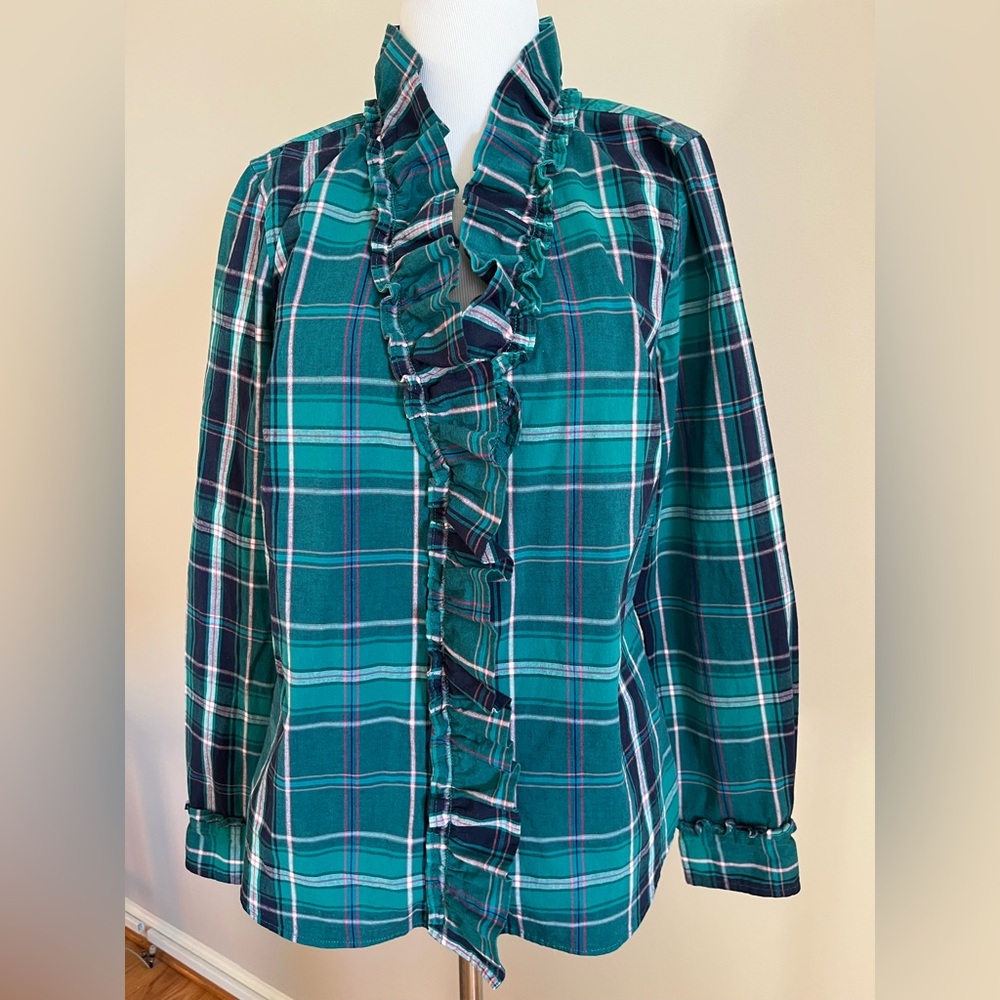 Crown & Ivy Green Plaid Ruffle Blouse Size Medium